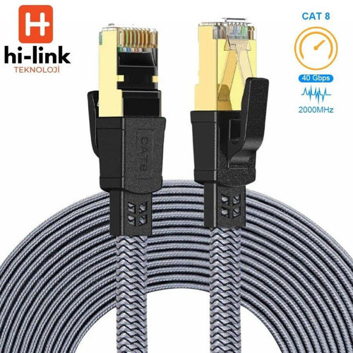 15Metre Flat Örgülü Cat8 Ethernet Kablo - Yüksek Hızlı 40Gbps 2000MHZ