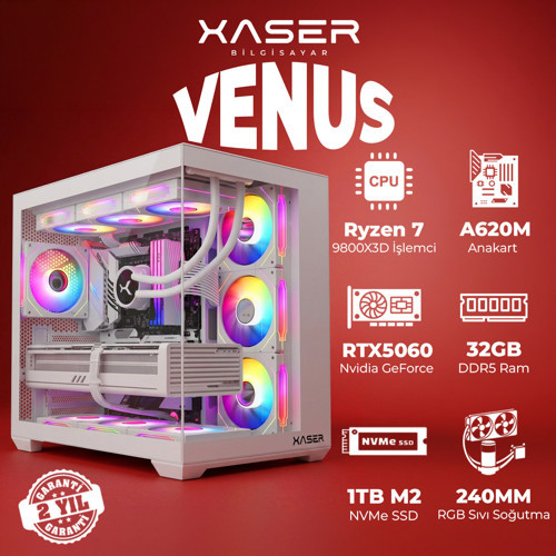 Venus X120 Ryzen 7 9800X3D 32GB DDR5 Ram 1TB M.2 NVMe SSD 8GB RTX5060 Sıvı Soğutmalı Oyuncu Bilgisayar