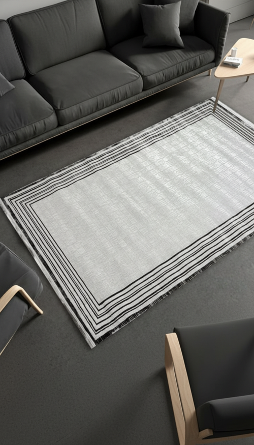 Zen Çerçeve Desen Antrasit Modern Akrilik Makine Dokuma Salon Halısı - 6712