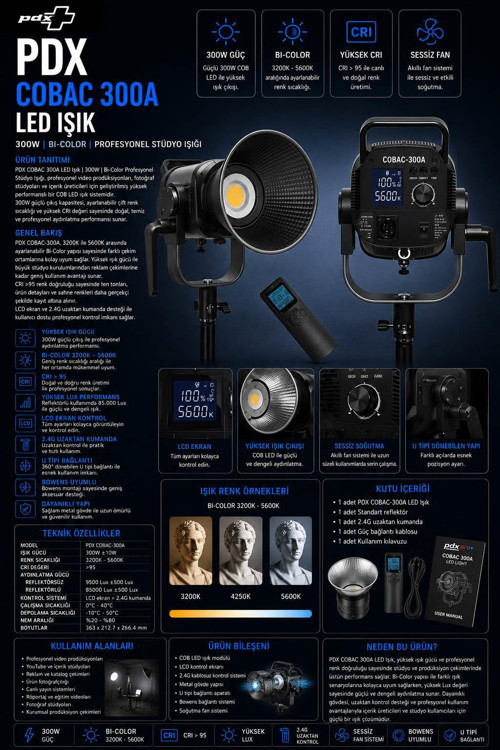 COBAC 300A LED Işık | 300W | Bi-Color Profesyonel Stüdyo Işığı