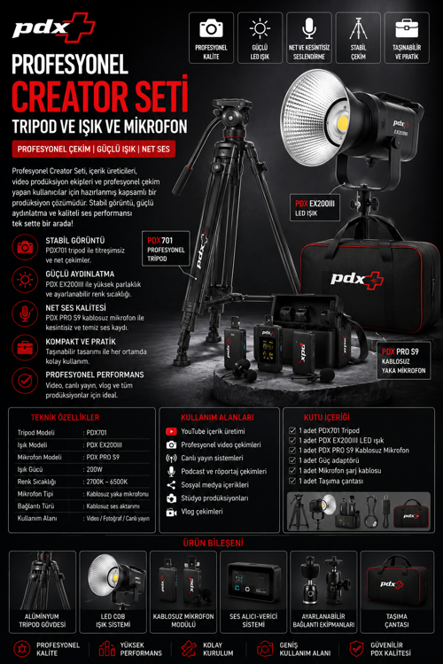 Profesyonel Creator Seti | Tripod ve Işık ve Mikrofon