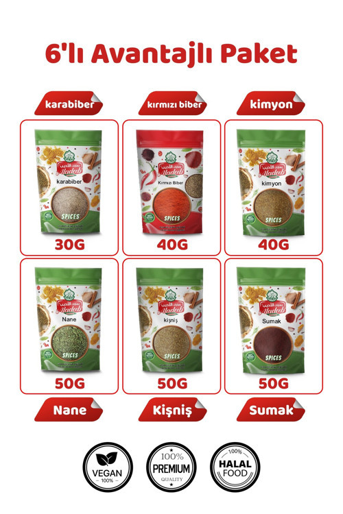 6’lı Avantajlı Gurme Baharat Seti Karabiber30, Pul Biber40, Kimyon40, Nane50, Kişniş50, Sumak50 gr