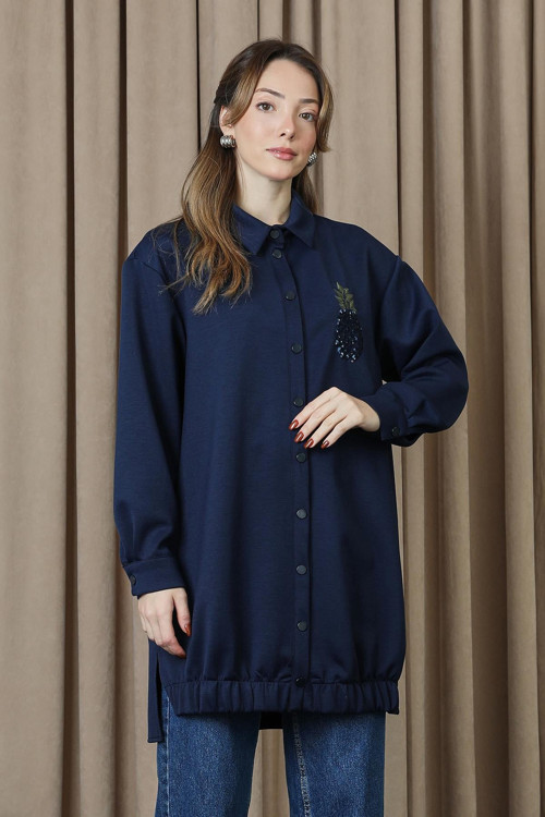 Kadın Ananas Nakışlı Çıtçıtlı Tunik - 10737TUN - NAVY