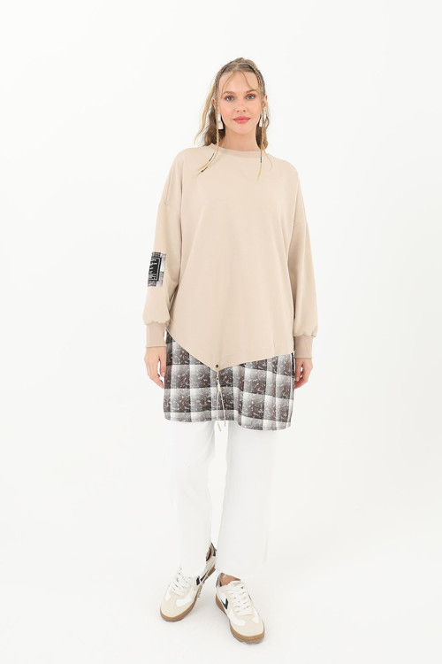 Kadın Etek Ucu Gömlek Geçişli Tunik - 10572TUN - DARK BEIGE
