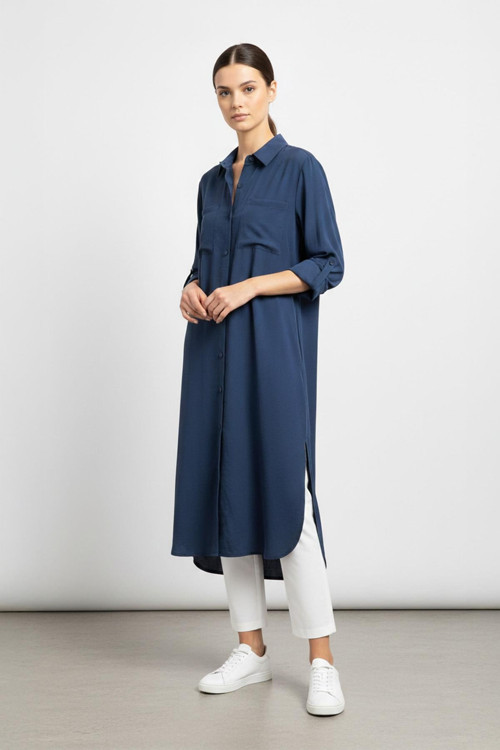 Kadın Uzun Düğmeli Cepli Oversize Gömlek -10764 - NAVY