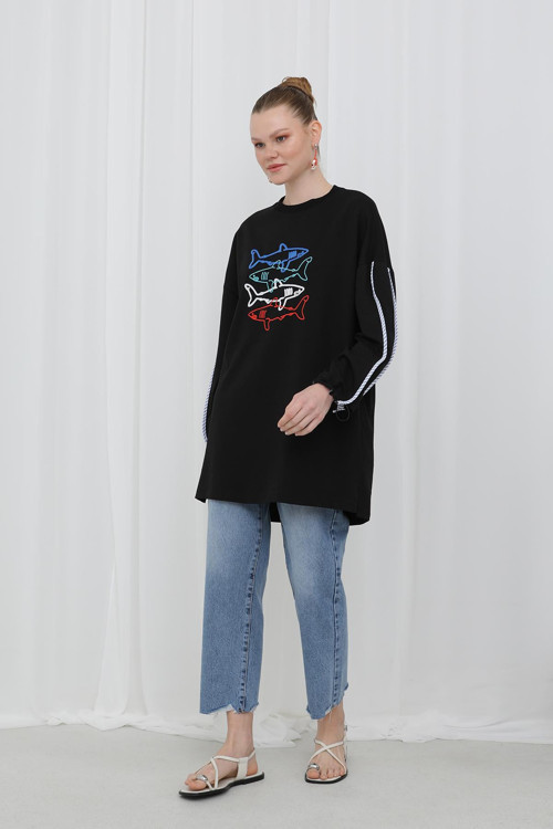 Kadın Önü Balık Nakışlı Şerit Detaylı Tunik - 10640TUN - BLACK