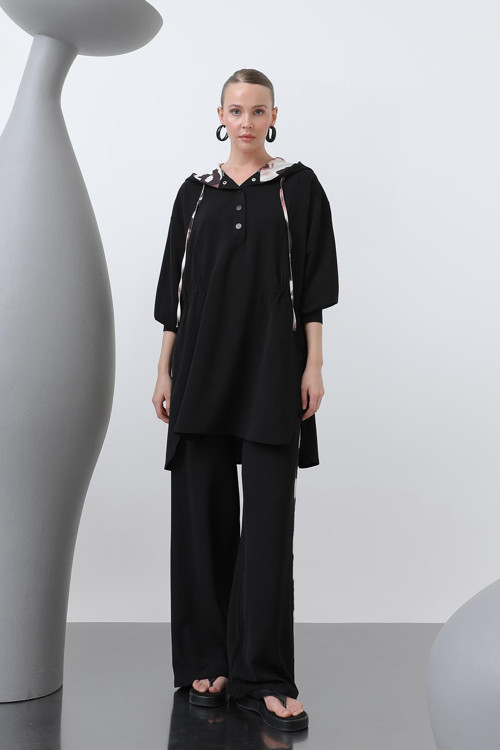 Kadın Beli Büzgü Detaylı Kapüşonlu Tunik - 10666TUN - BLACK