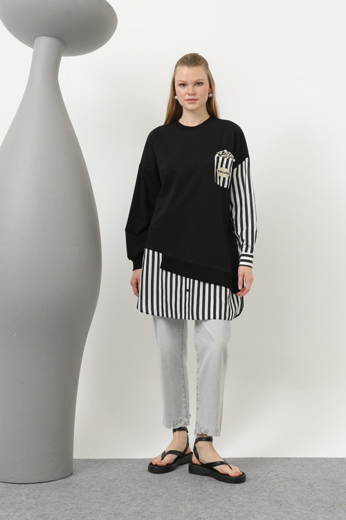 Kadın Önü Pop Corn Baskılı ve Boncuk İşlemeli Çizgi Garnili Tunik - 10651TUN - BLACK-BLACK