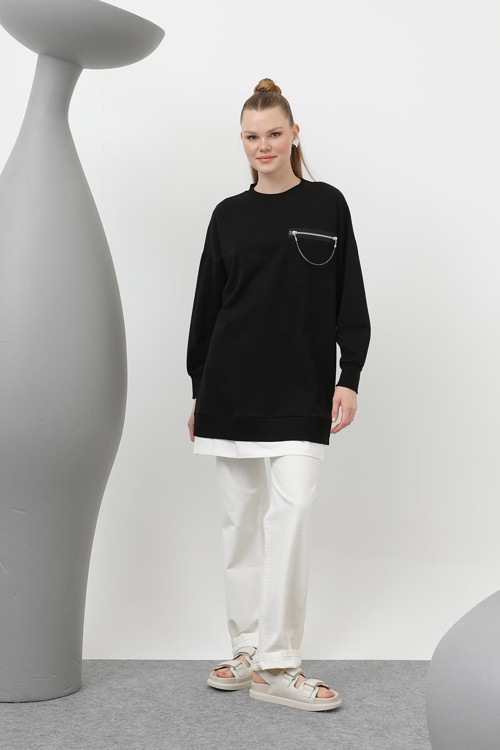 Kadın Önü Çift Taraflı Süs Fermuar Detaylı Tunik - 10620TUN - BLACK