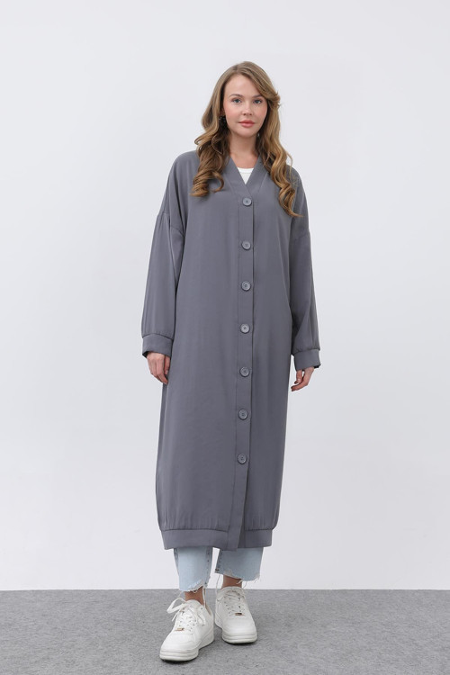 Kadın Önü Düğme Detaylı Uzun Tunik -10681TUN - GREY