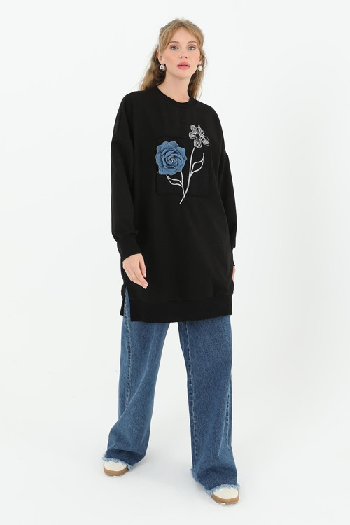 Kadın Baskı İşlemeli Tunik - 10575TUN - BLACK