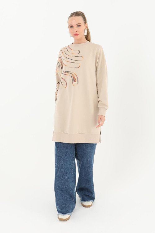 Kadın Nakış İşlemeli Tunik - 10583TUN - DARK BEIGE