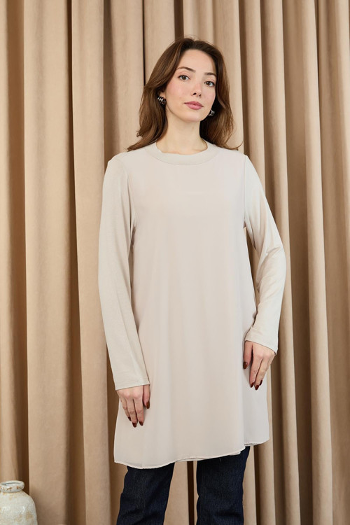 Kadın Balıkçı Yaka Tül Detaylı Bluz - 10269TUN - BEIGE