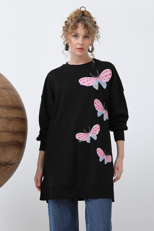 Kadın Önü Kelebek Nakışlı Garnili Tunik - 10654TUN - BLACK
