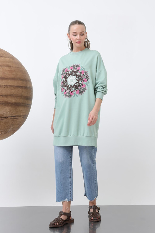 Kadın Önü Yuvarlak Çiçek Nakışlı Tunik - 10668TUN - ALMOND GREEN
