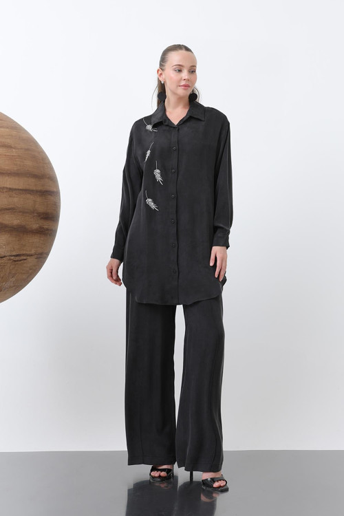 Kadın Önü Nakış İşlemeli Tunik - 10621TNK - BLACK
