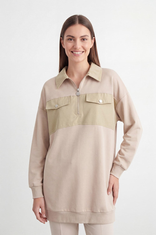 Kadın Fermuar Detaylı Çift Cepli Tunik – 10783TUN - DARK BEIGE