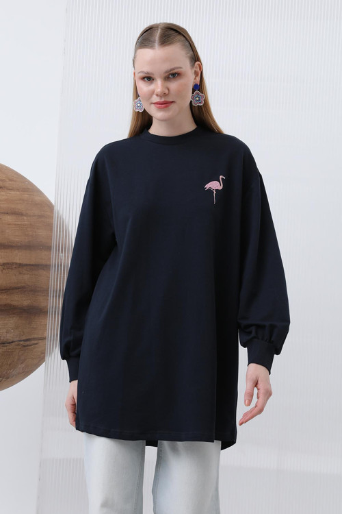 Kadın Arkası Flamingo Nakışlı Garnili Tunik - 10630TUN - NAVY