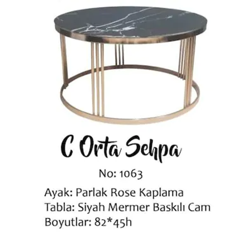 Brc 19454 Orta Sehpa C Siyah Mermer Temper Cam Metal ROSE Kaplama Ayak El Yapım