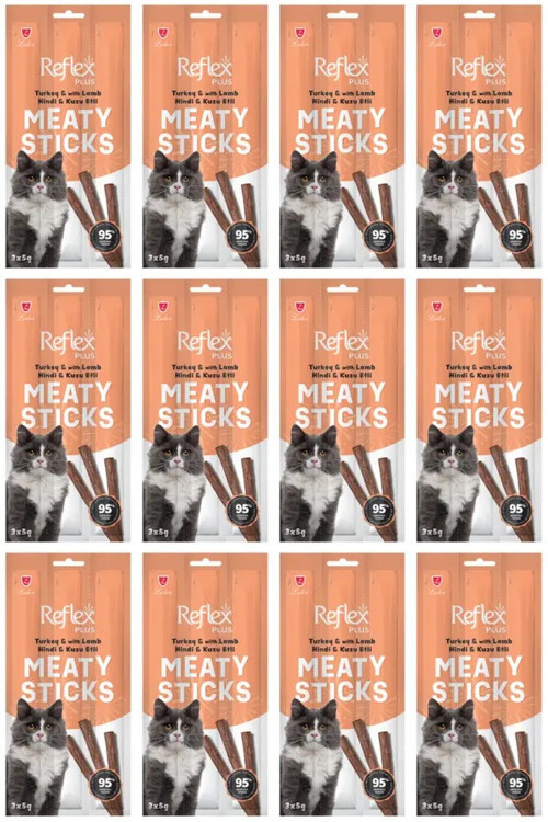Plus Meaty Sticks Hindili ve Kuzu Etli Tahılsız Kedi Ödül Çubuğu 5gr (3'lü) x 12 Adet