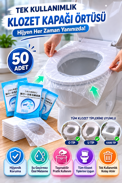 Tek Kullanımlık Klozet Kapağı Örtüsü 50 Adet Hijyenik Seyahat Tipi Tuvalet Koruyucu Kılıf Seti