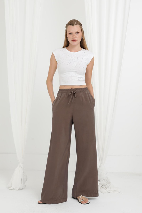 Kadın Beli Lastikli Bağlamalı Bol Pantolon - 20646PNT - BROWN