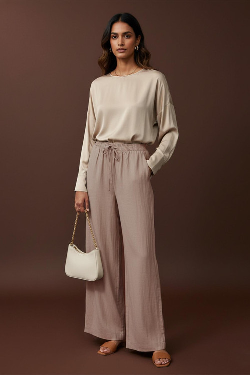 Kadın Beli Lastikli Bağlamalı Bol Pantolon - 20646PNT - CAMEL