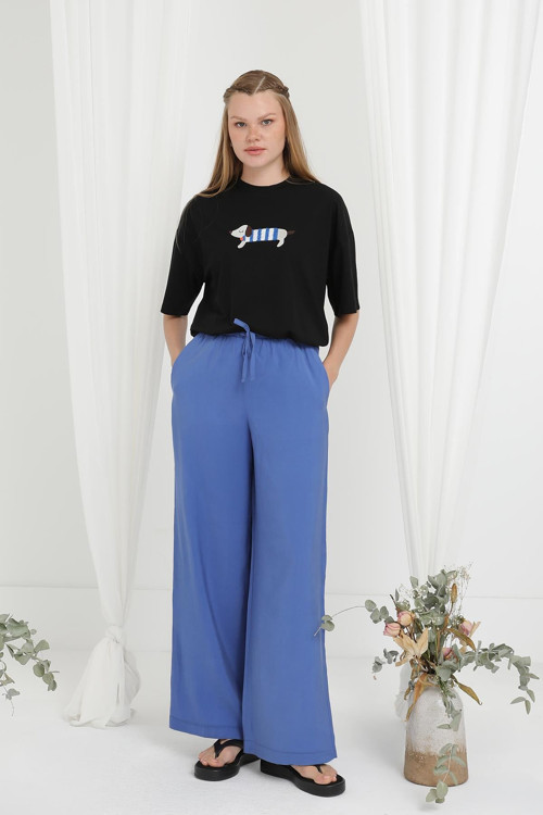 Kadın Beli Lastikli Bağlamalı Bol Pantolon - 20646PNT - INDIGO