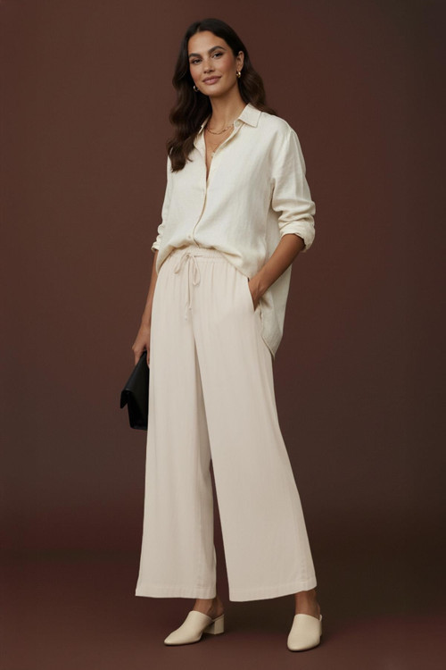 Kadın Beli Lastikli Bağlamalı Bol Pantolon - 20646PNT - CREAM