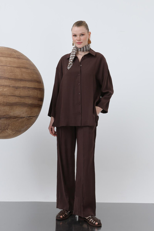 Kadın Beli Lastikli Bol Pantolon - 20630PNT - BROWN