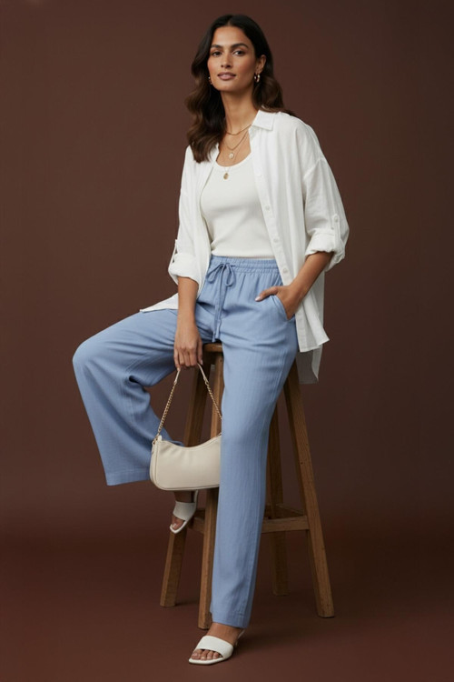 Kadın Beli Lastikli Bağlamalı Bol Pantolon - 20646PNT - BLUE