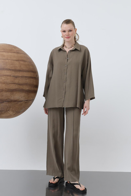 Kadın Beli Lastikli Bol Pantolon - 20630PNT - KHAKI