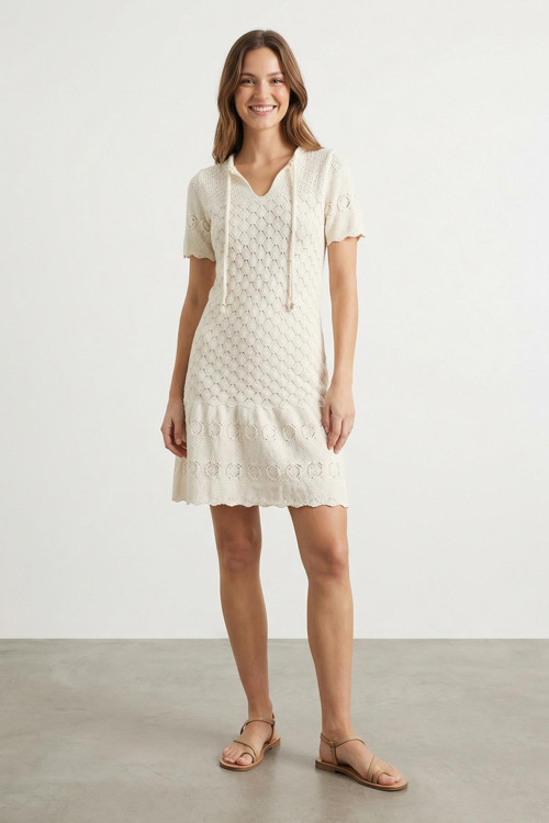 Kadın Brodeli Mini Elbise - 31733ELB - BEIGE