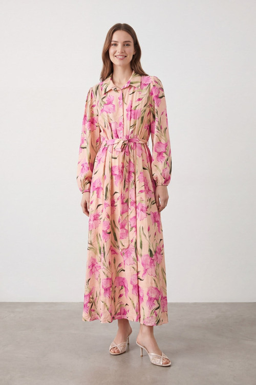 Kadın Floral Desenli Kuşaklı Uzun Elbise - 32511ELB - POWDER-PINK