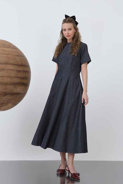 Kadın Denim Açılımlı Midi Elbise - 32308ELB - NAVY