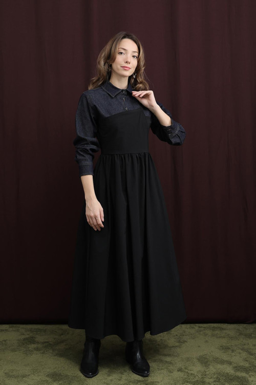 Kadın Denim Detaylı Asimetrik Kesim Elbise - 32414ELB - BLACK