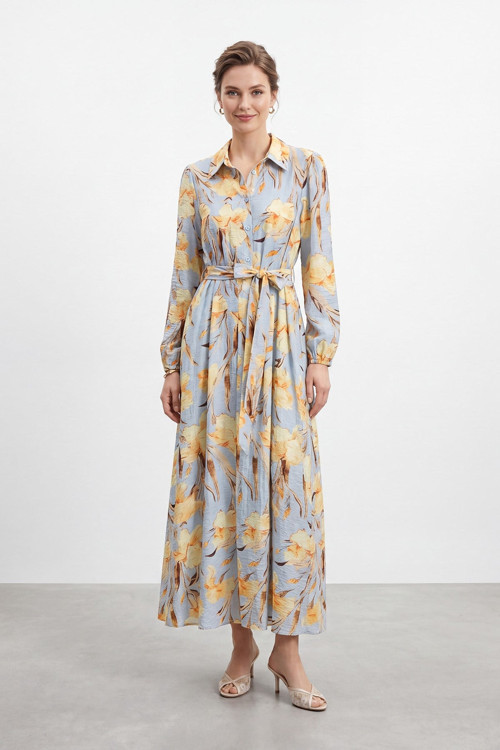 Kadın Floral Desenli Kuşaklı Uzun Elbise - 32511ELB - BLUE-YELLOW