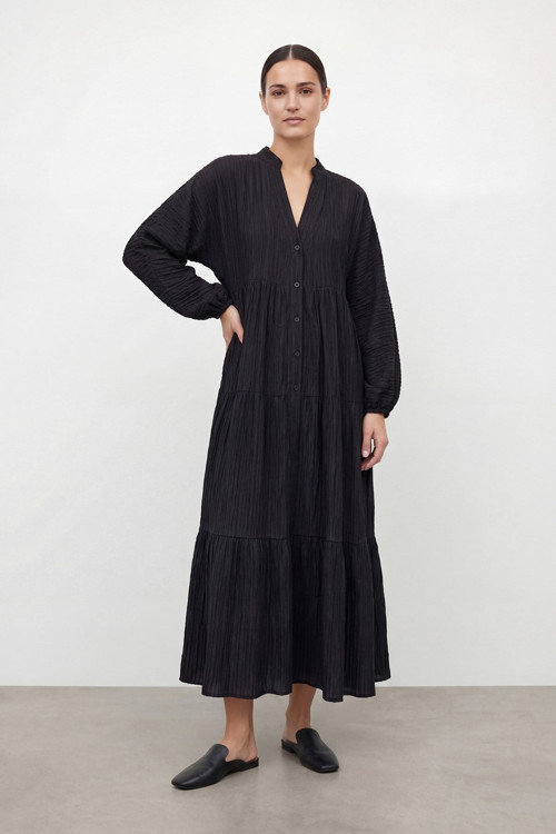 Kadın V Yaka Katlı Elbise – 32461ELB - BLACK