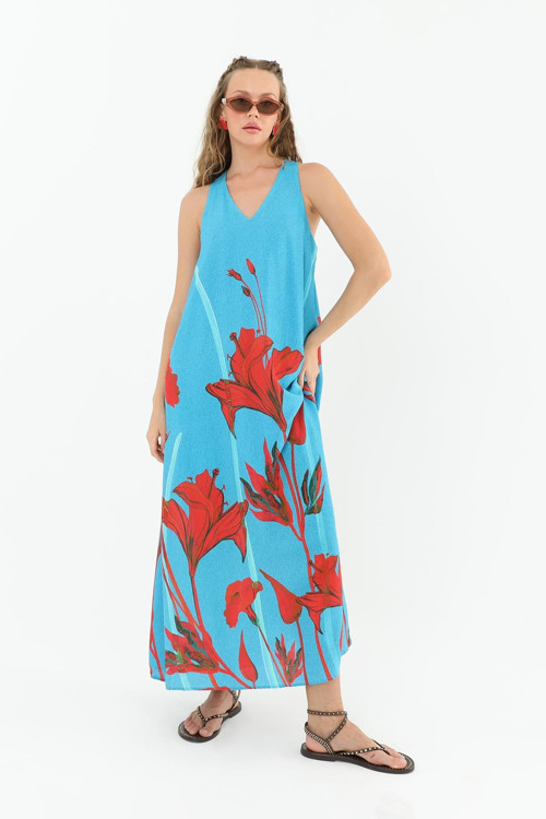 Kadın Tropik Lilium Desenli Elbise-31943ELB - AQUA