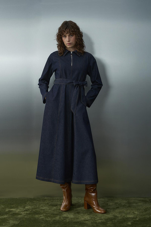 Kadın Kuşaklı Denim Elbise - 32396ELB - NAVY