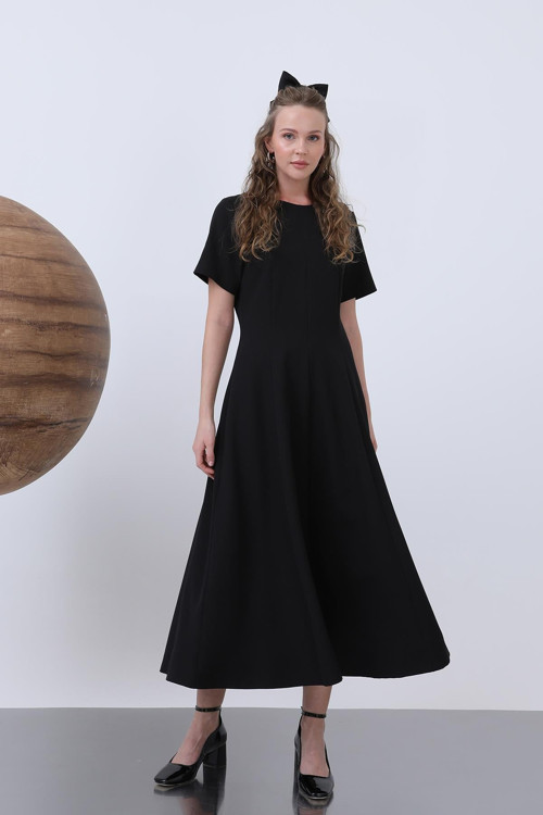 Kadın Kısa Kollu Midi Elbise -32266ELB - BLACK