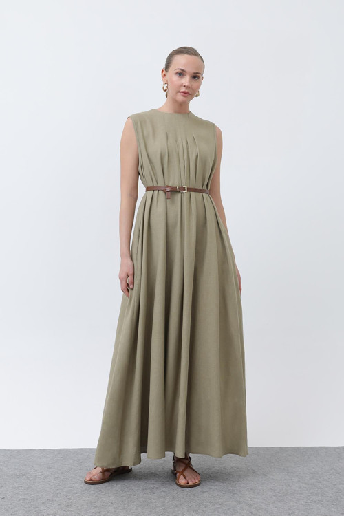Kadın Pileli Kemerli Keten Elbise - 32321ELB - KHAKI