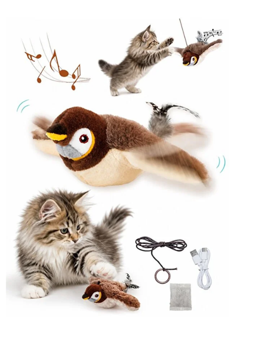 USB Şarjlı Uçan Kuş Kedi Oyuncağı Sesli & Hareketli Peluş Kedi Oyuncağı Kutulu