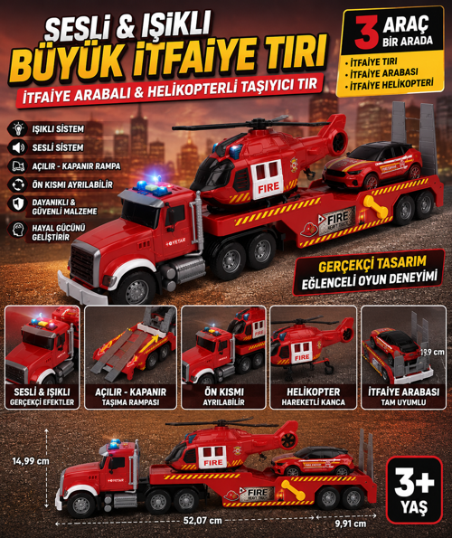 Sesli ve Işıklı Mega İtfaiye Tırı Oyun Seti Helikopterli & Arabalı Büyük Taşıyıcı Tır