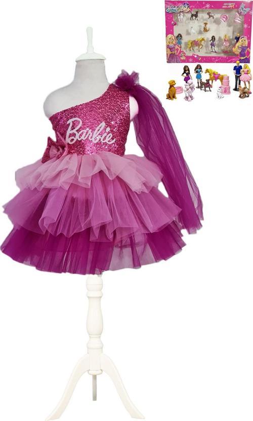 Tek Omuz Barbie Kostümü + Barbie Figü Seti - Barbi Elbise- Barbie Elbise Barbie Cosplay Pembe Elbise