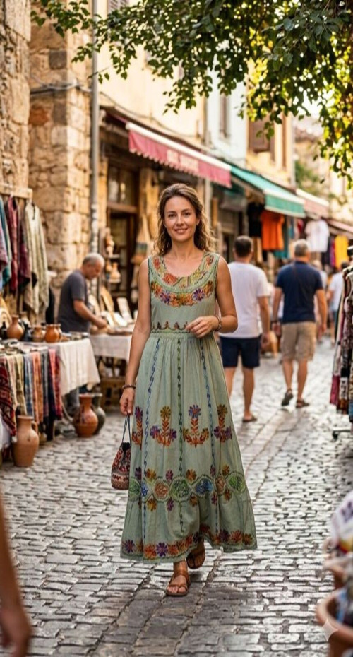 Otantik standart beden %90 pamuk işlemeli boncuklu ithal elbise 36-44 bedenler arası uygundur