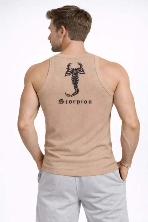 Erkek Fitilli Atlet Sıfır Yaka Slim Fit Arka Baskılı Spor Atlet - Bej