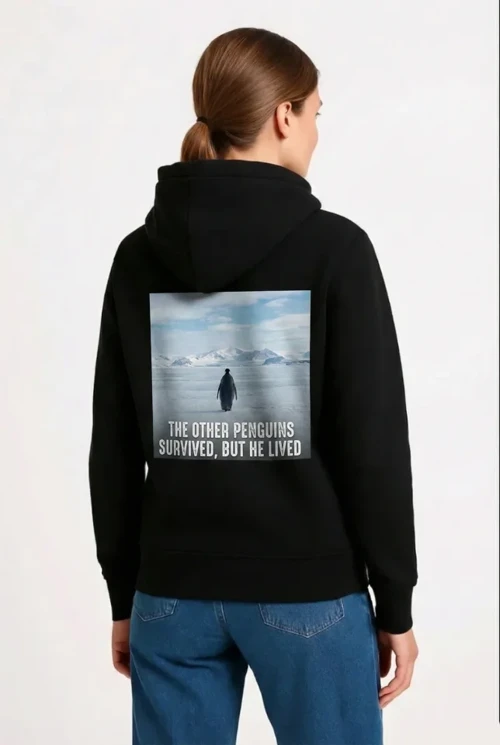 Oversize Hoodie - Sırt Baskılı Survivor Penguin Temalı, Felsefi Yazılı Kapüşonlu Sweatshirt