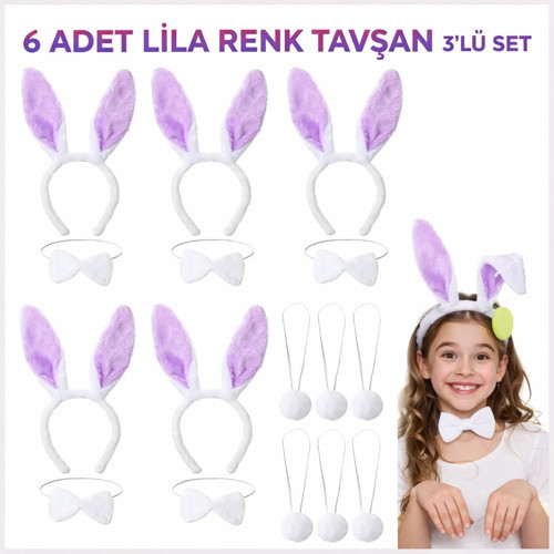 Lila Tavşan Sahne Seti 6'lı Set Taç Papyon Kuyruk (4604)