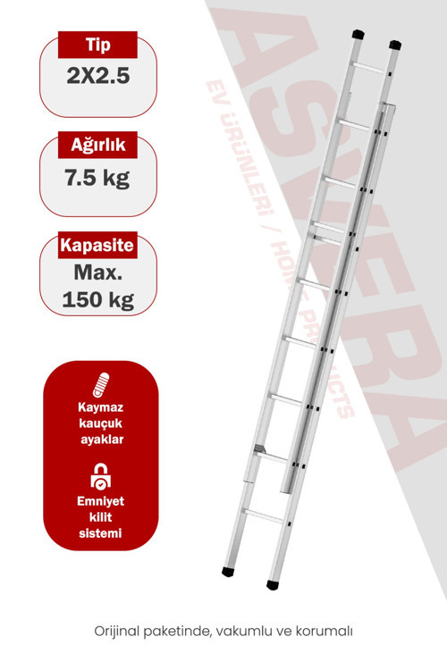 Endüstriyel 5 Metre 2 Parçalı Alüminyum Merdiven - 1.4 mm Sürgülü Profesyonel Merdiven